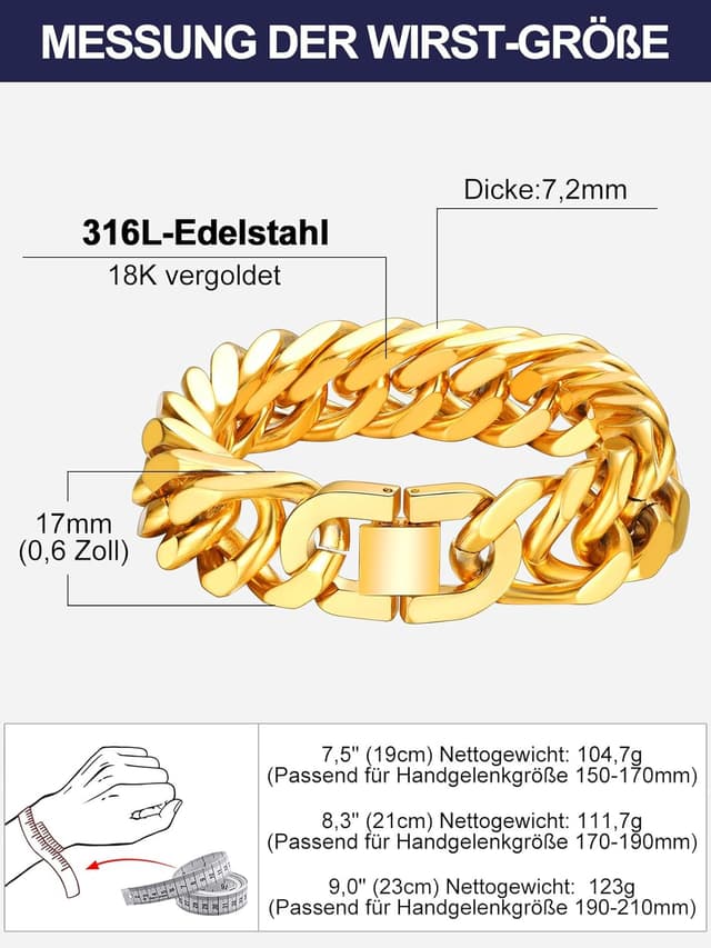 Detalle de Bandmax Herren-Armband aus Edelstahl Panzerkette 17 mm, 23 cm – mit Faltverschluss