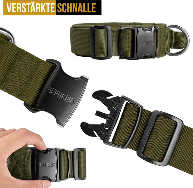 Detalle de OneTigris Hundehalsband mit Metallschnalle (Ranger Grün) – Nylonband für mehr Komfort