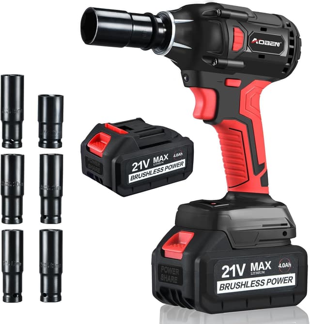 Detalle de AOBEN 21V Cordless Impact Wrench (1/2 in Square Drive) — 300 ft-lbs Max, Brushless Motor, 6 Impact Sockets Kit