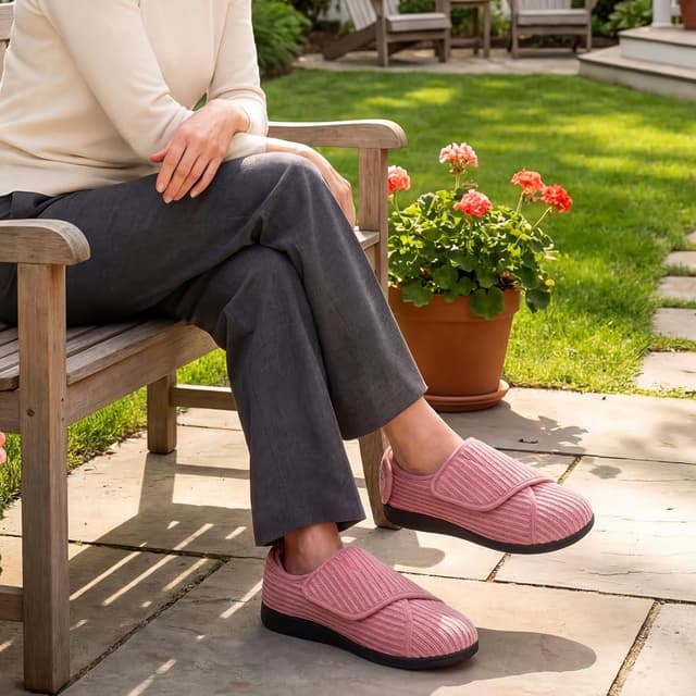 Detalle de HomeTop Women’s Corded Velveteen Adjustable Hook-and-Loop Closed-Back Slippers