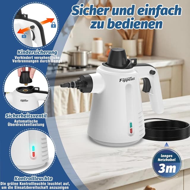 Detalle de Hand-Dampfreiniger 1050 W mit 3,5 bar Dampfdruck und 9 Zubehörteilen – chemiefrei für Haushalt & Küche