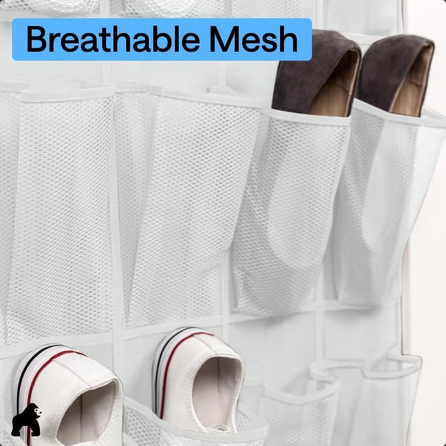 Detalle de Gorilla Grip Over-the-Door Shoe Organizer (24 Mesh Pockets) — White, up to 40 lbs