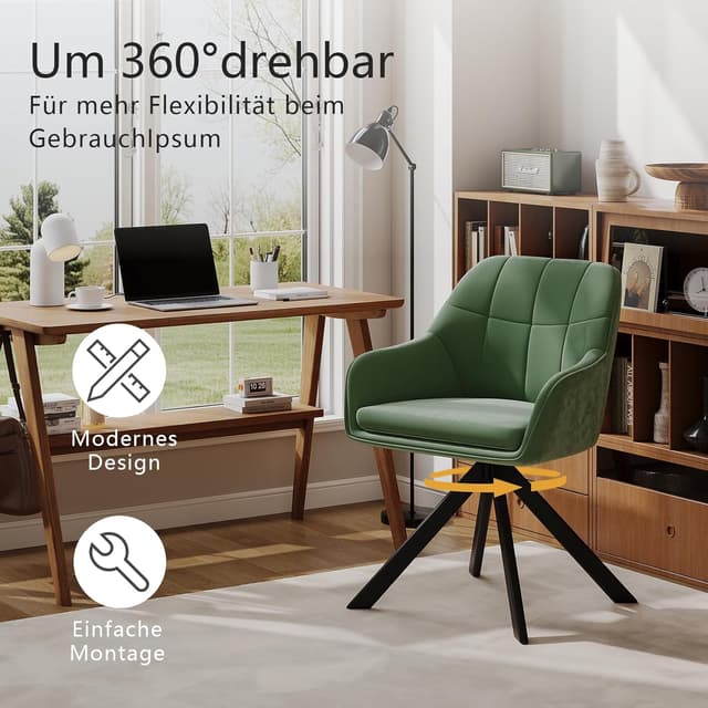 Detalle de Goeurvant Drehstuhl Esszimmer im 2er-Set mit Armlehne, Samt Grün und 360°-Drehfunktion