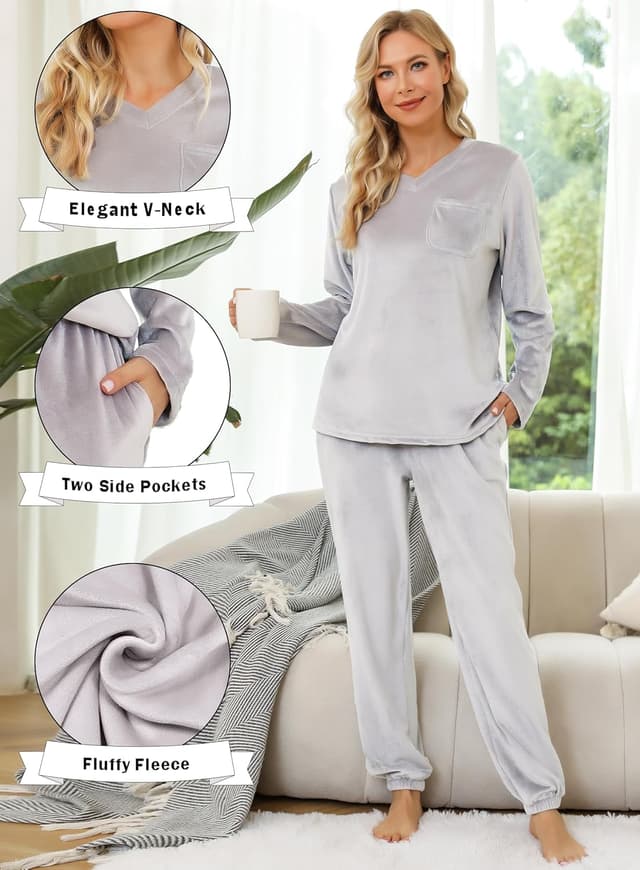 Detalle de Lovasy Women’s Fleece Pyjamas Set with Pockets – warm, fluffy two-piece loungewear for winter