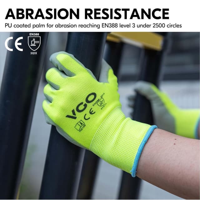 Detalle 2 de Vgo PU2103 15 Pairs PU-coated safety work gloves (latex free), Size XL, fluorescent yellow