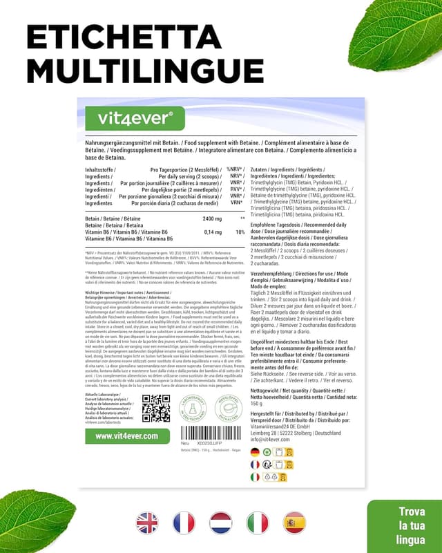 Detalle de Betaina Trimetilglicina 99% in polvere Purezza 99% (150 g) – Vegana