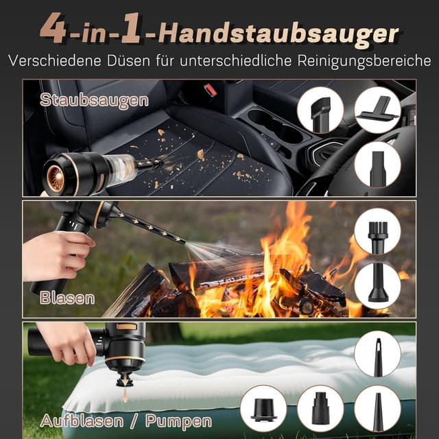 Detalle de MILFECH 4-in-1 Akku-Handstaubsauger (22.000 Pa, 3 Modi) für Auto, Haus & Tierhaare – kabellos