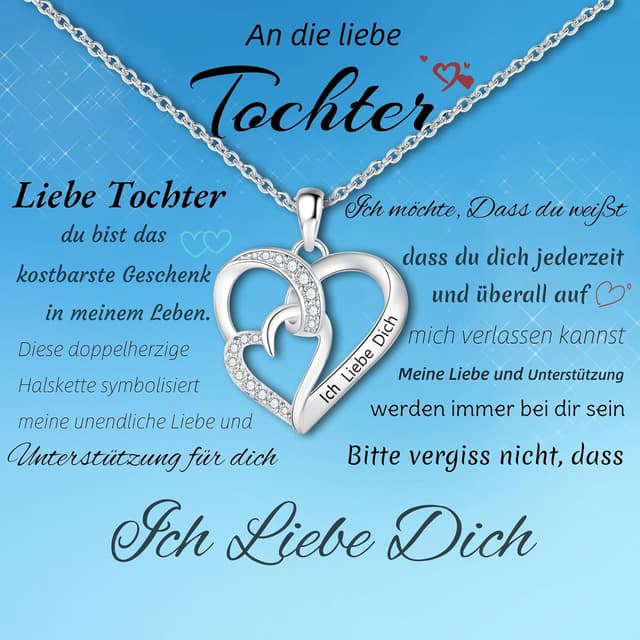Detalle de Jbniuay Tochter-Halskette mit S925 Doppelherz-Anhänger und Gravur „Ich liebe dich“
