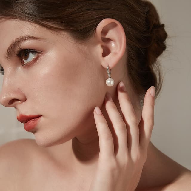 Detalle de jiamiaoi Perlenohrringe aus 925er Silber mit 10 mm Zuchtperle (Hängend, Hebelverschluss)
