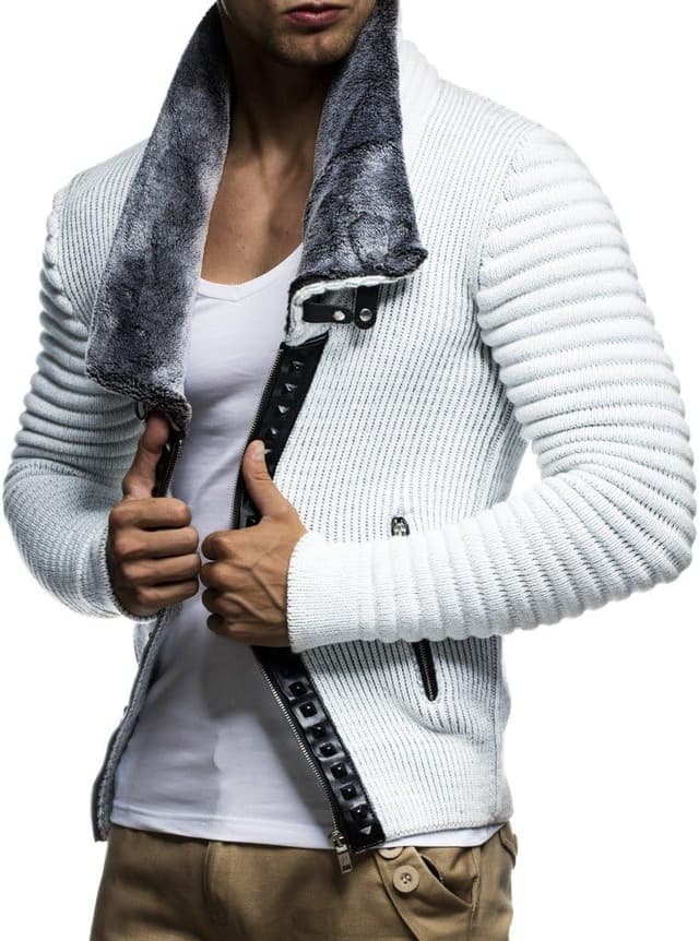 Detalle de Leif Nelson LN5165 : cardigan veste homme en tricot style biker, matelassé et à capuche