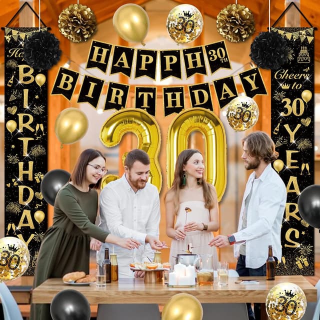 Detalle 2 de Décoration anniversaire 30 ans noir et or : ballons, bannière “Joyeux Anniversaire” et accessoires