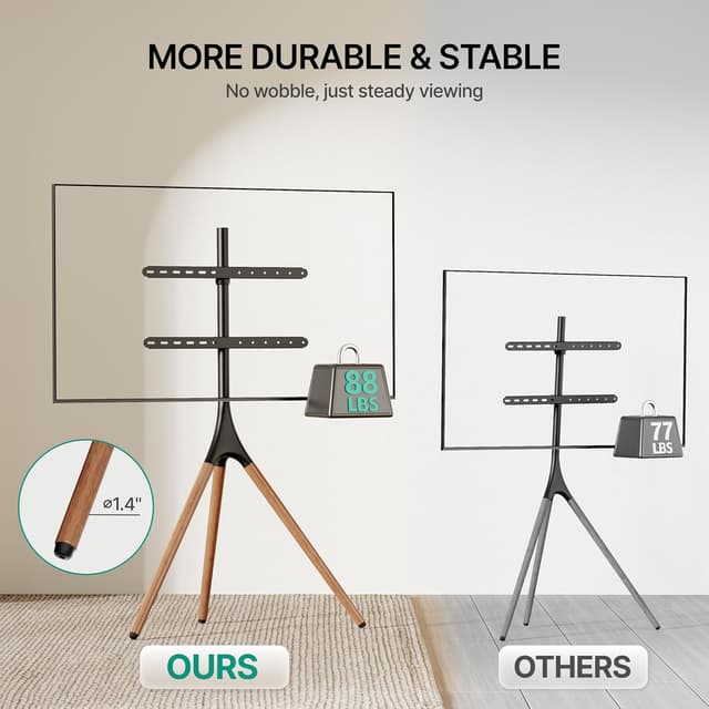 Detalle de ECOTINY Artistic Easel TV Stand (Tripod Floor Mount) for 43–65 Inch TVs, 180° Swivel, Max VESA 600×400mm, Black Walnut