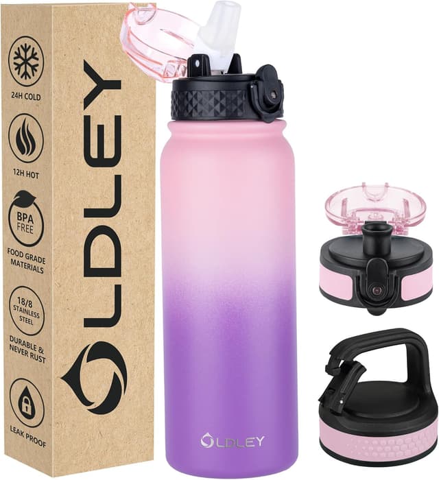 Detalle de OLDLEY 20oz Insulated Stainless Steel Water Bottle (Straw & 3 Lids) in Ombre Pink-Purple