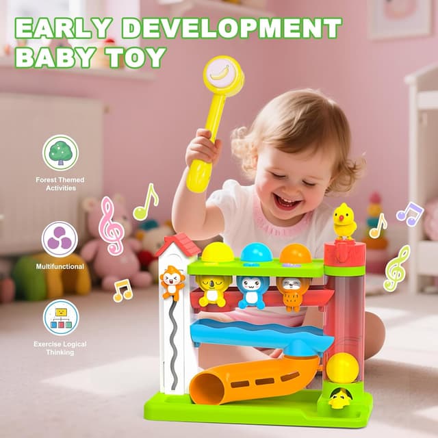 Detalle 2 de Ussybaby Toddler Musical Ball Drop & Pound Toy (Forest Theme) for Ages 12–18 Months+ (Green)