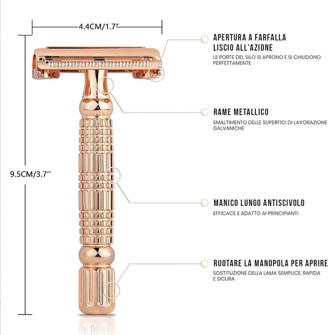 Detalle de Kanzy rasoio di sicurezza a farfalla a doppio filo Rose Gold per donna e uomo (manico lungo, monolama classico tradizionale)