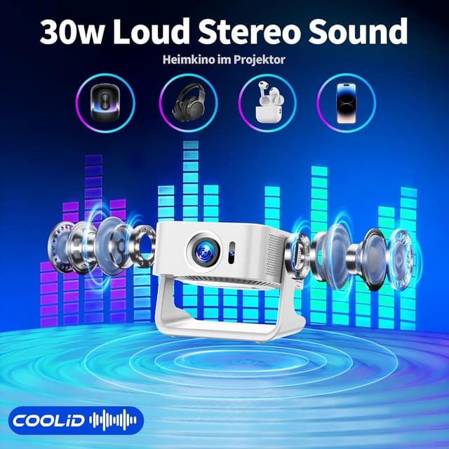 Detalle 1 de Tragbarer 4K-Beamer (1080P nativ) mit Netflix-Kompatibilität, WiFi 6 (5G Dualband) & Bluetooth 5.4 – C5 in Weiß