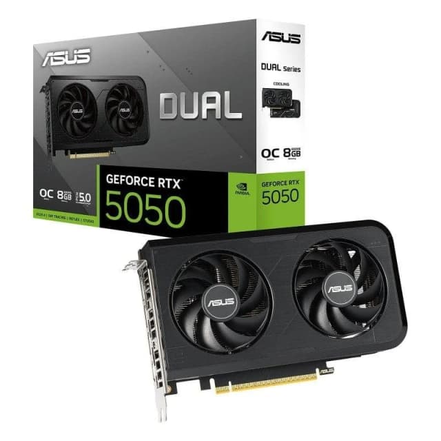 Detalle de ASUS Dual GeForce RTX 5050 OC 8GB GDDR6 (PCIe 5.0) con refrigeración dual y DisplayPort 2.1