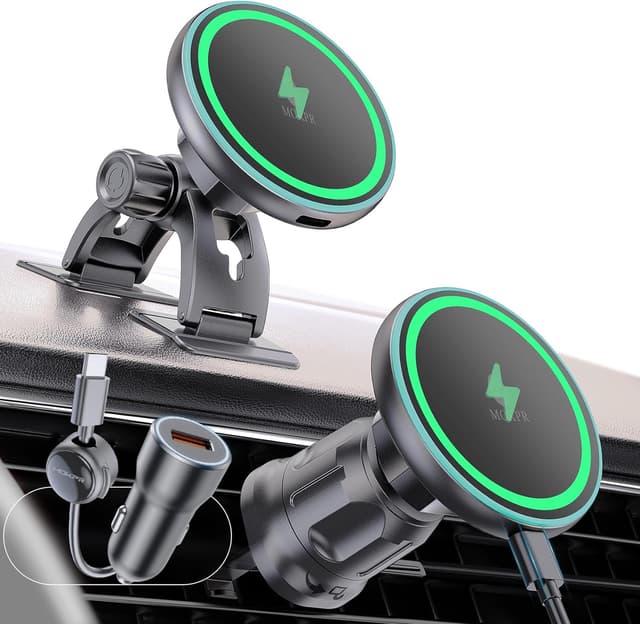 Detalle de MOKPR MagSafe car mount charger 15W (Magnetic dashboard/vent holder) – Glossy Black