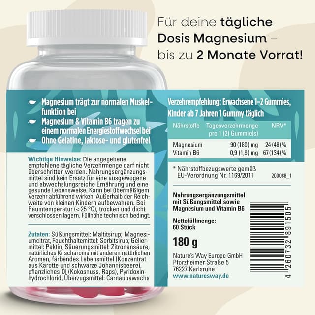 Detalle 2 de Zuckerfreie Magnesium Gummies hochdosiert mit 180 mg Magnesiumcitrat & Vitamin B6 (vegan) – 60 Stück, ab 7 Jahren