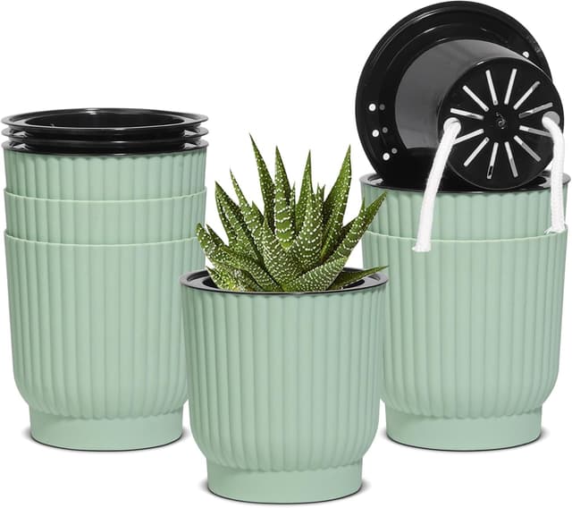 Detalle de T4U 10cm Self Watering Plant Pots Indoor (6 Pack) — green plastic pots with cotton rope wicking