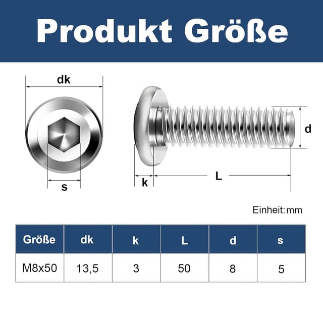 Detalle 2 de 20x M8 x 50 mm Flachkopfschrauben mit Innensechskant (A2/Edelstahl V2A) – für M8-Verbindungen