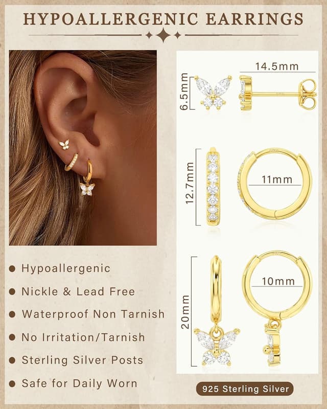 Detalle de ZNBOH set di orecchini in argento 925 (3 paia) con zirconi e design farfalline/quadrifoglio