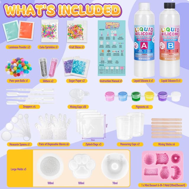 Detalle 2 de Liquid Silicone BIG Squishy Making Kit (480ml) with 9 Moulds – Glow-in-the-dark squishy DIY set for kids