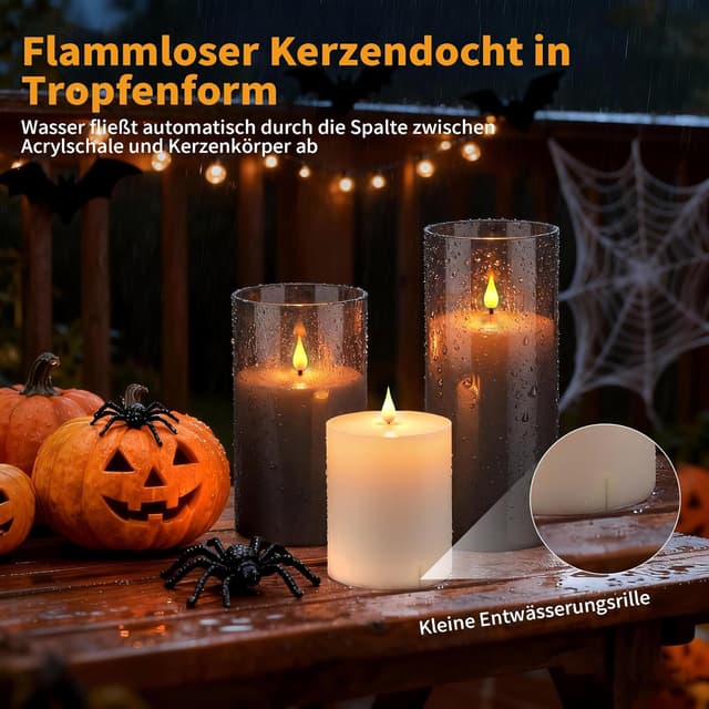 Detalle de YAOBLUESEA 2er Set LED-Stumpenkerzen Outdoor mit Timerfunktion (grau) – wasserdicht für Terrasse & Balkon