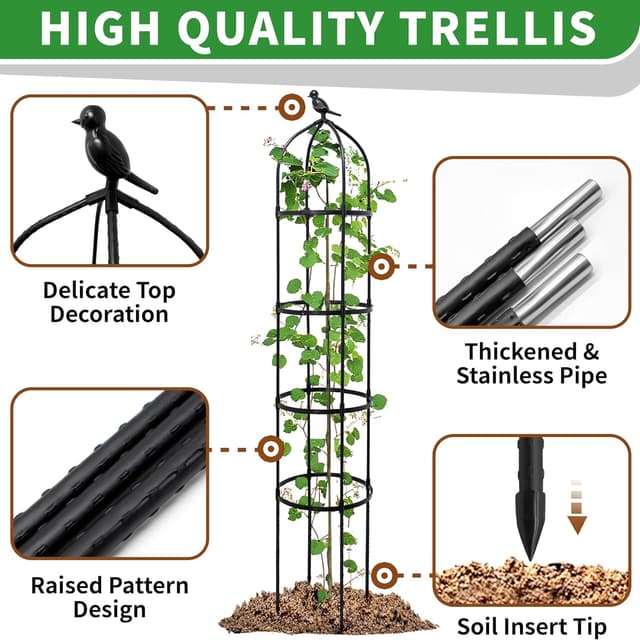 Detalle 2 de Garden Obelisks for Climbing Plants 175cm Metal Trellis with Adjustable 4-Ring Height
