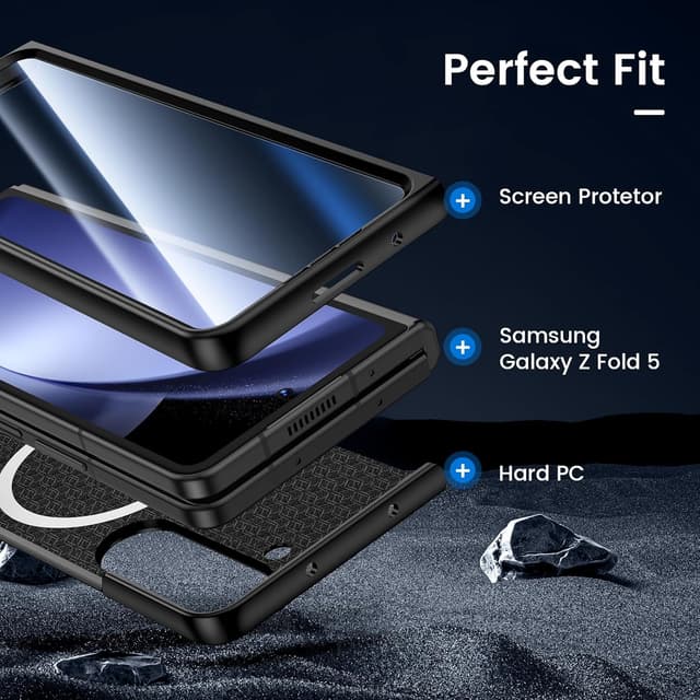 Detalle de HWeggo slim case for Samsung Galaxy Z Fold 5 (2023) with built-in 9H screen protector & magnetic charging, Black