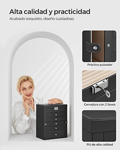 Detalle 2 de SONGMICS JBC152B01 caja joyero de 6 niveles con espejo y cerradura (negro)