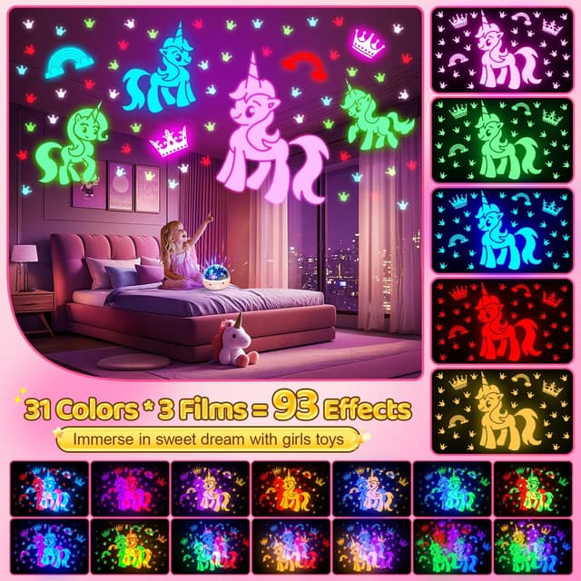 Detalle de COOLNIGHT Unicorn Gifts for Girls Toy (93 Modes + Remote) with Timer & 3 Brightness Settings, 360° Rotating Projector
