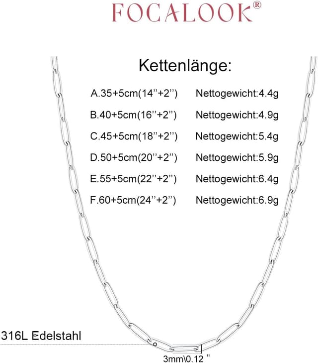 Detalle de FOCALOOK Gliederkette Damen aus 316L Edelstahl – Trombone-/Büroklammer-Kettenglieder, 3 mm breit