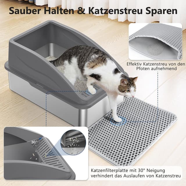 Detalle de FURTIME Katzenklo Edelstahl XXL (35 l), 58×36×33 cm – mit Streuschaufel und Doppelschicht-Matte