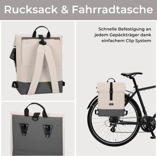 Detalle de LARKSON Tammo Bike 2-in-1 Fahrradtaschen für den Gepäckträger (Rucksack & Gepäckträgertasche) – Sand Grau