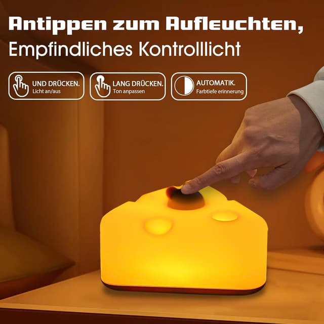 Detalle 2 de beek Nachtlicht Baby Stilllicht – nachttischlampe mit Käse-und-Maus-Design, USB-aufladbar, Touch & dimmbar