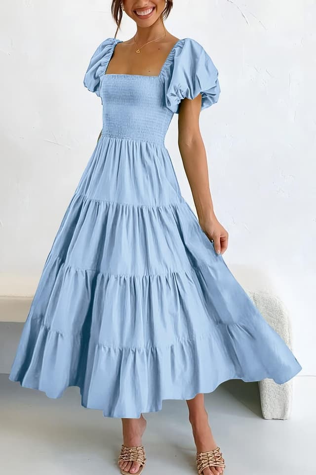 Detalle 2 de PRETTYGARDEN Women’s Casual Summer Midi Dress with Square Neck, Smocking, and Tiered Ruffles