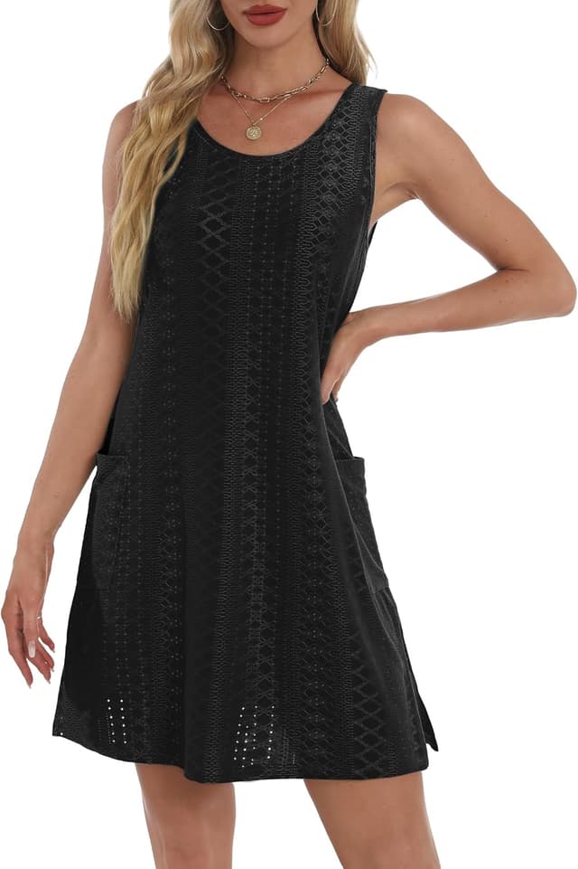 Detalle 2 de BKRIVE Coverup Summer Dresses for Women 2025 Eyelet Loose Sleeveless Sundress with Pockets