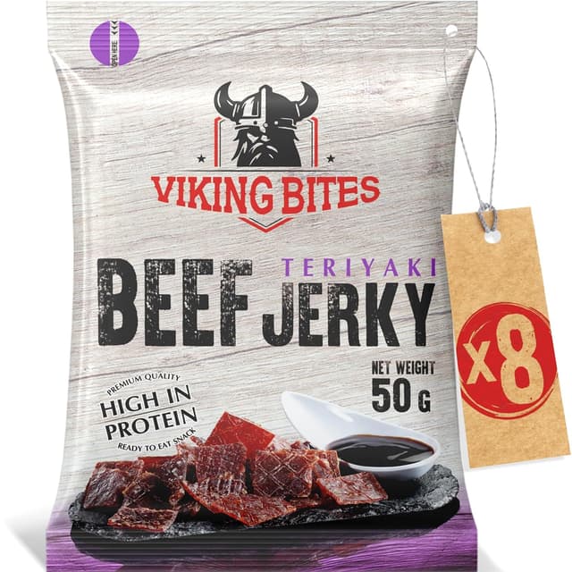 Detalle de Viking Bites Beef Jerky Teriyaki, 400 g (8 x 50 g) – getrocknetes Rindfleisch mit hohem Proteingehalt