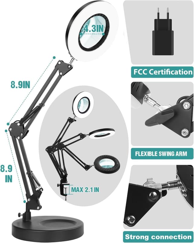 Detalle de Coteck 12X Lupe mit Licht und Ständer – 2-in-1 LED-Schreibtischlampe mit Klemme, stufenlos dimmbar
