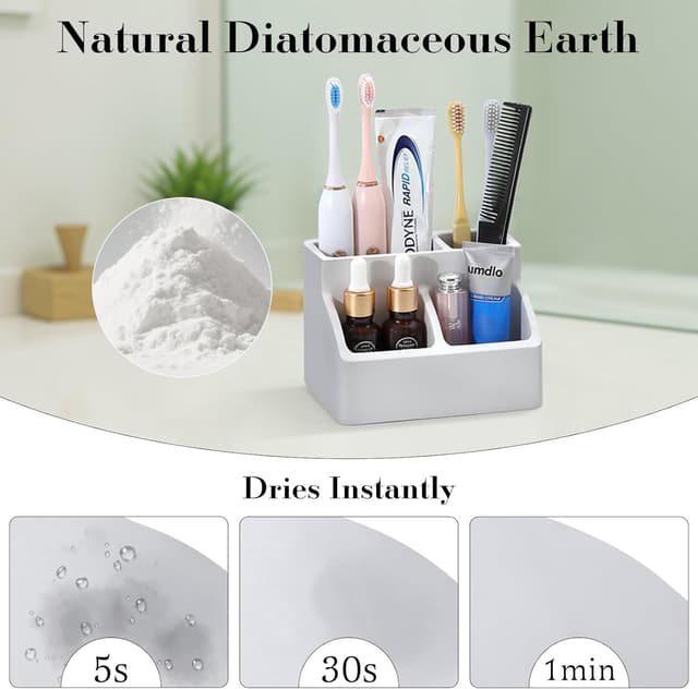 Detalle de Luxspire Zahnbürstenhalter aus Kieselgur mit 4 Fächern – schnell trocknend, grau