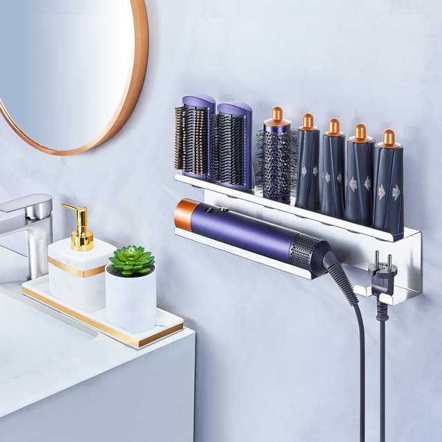 Detalle 2 de YYBO Wall-Mounted Hair Dryer, Straightener & Styler Holder (Stainless Steel, EVA Pad, Anti-Scratch)