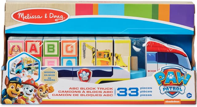 Detalle de Melissa & Doug PAW Patrol ABC – riesiger Holz-Lkw mit Anhänger, Buchstaben- & Zahlenklötze