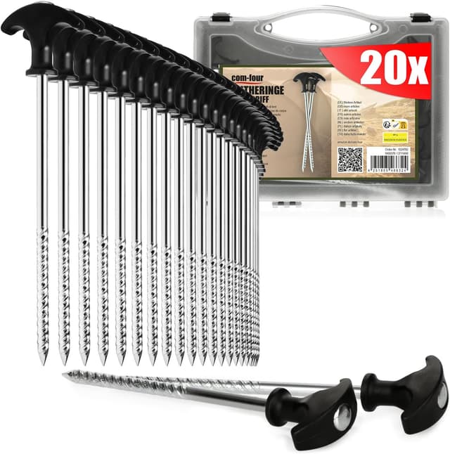 Detalle de COM-FOUR 20 piquets de tente en acier filetés, avec poignée (transport en étui) – pour camping et extérieur
