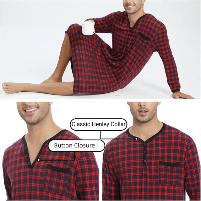 Detalle 2 de Yukiuiny Herren Langarm-Nachthemd knielang aus Jersey (Baumwolle/Spandex), weich & luftig fürs Schlafen und Krankenhaus