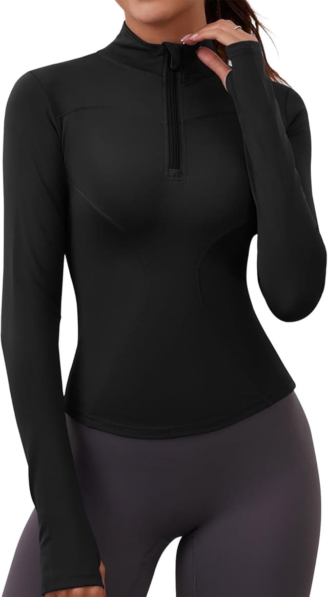 Detalle de Rapbin Women’s Long Sleeve Gym Top with 1/4 Zip and Thumb Holes