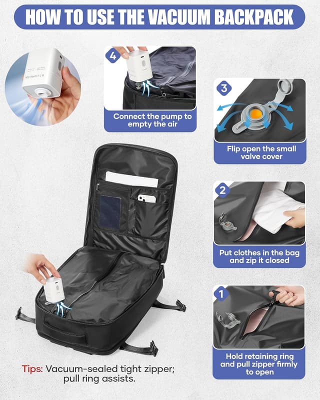 Detalle de HPLQQ sac à dos sous vide de voyage 40×30×20 cm avec pompe, format cabine pour Ryanair (A01-Noir)