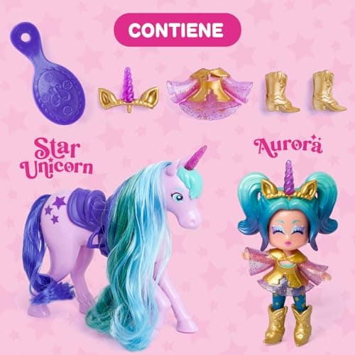 Detalle de KOOKYLOOS Star Unicorn unicornio con pelo real y muñeca Aurora