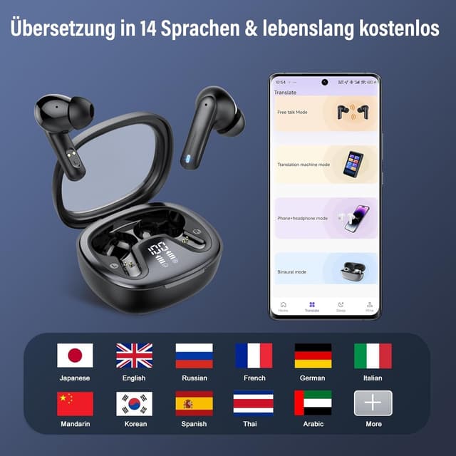 Detalle 2 de AI Kopfhörer Übersetzer 3-in-1 Translator Earbuds mit Bluetooth 5.4 – Schwarz (135 Sprachen)