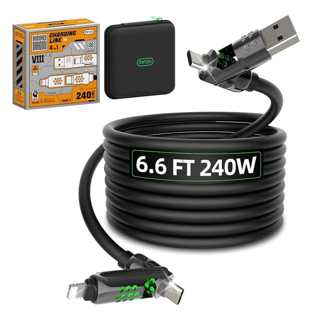 Detalle de MFish 4-in-1 Fast Charging Cable with Case (6.6FT, 240W Max PD 3.1) USB-A/USB-C to USB-C/Lightning, RGB Light, CarPlay Compatible, Black